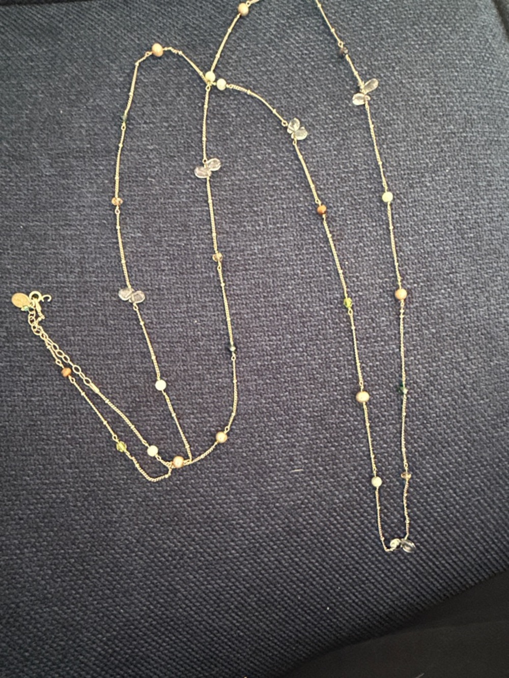 Anna Balkan 48” Multi Gemstone Pearl Gold Tone Long Layering Necklace